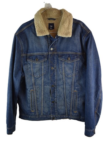 Gap Herren Denim Sherpa Trucker Kragen Baumwolle Jacke Größe L Knopf Fleece gefüttert