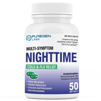 #ad Puregen Labs Nighttime Cold and Flu Relief Medicine 50 Softgel Liquid Green $14.70