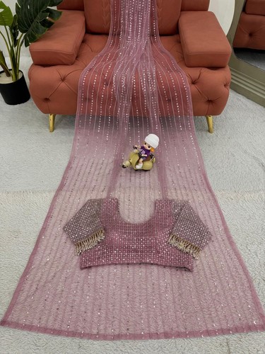 Lanzamiento Nuevo Sari de Red Suave Rosa con Blusa para Uso Función India - Imagen 14 de 14