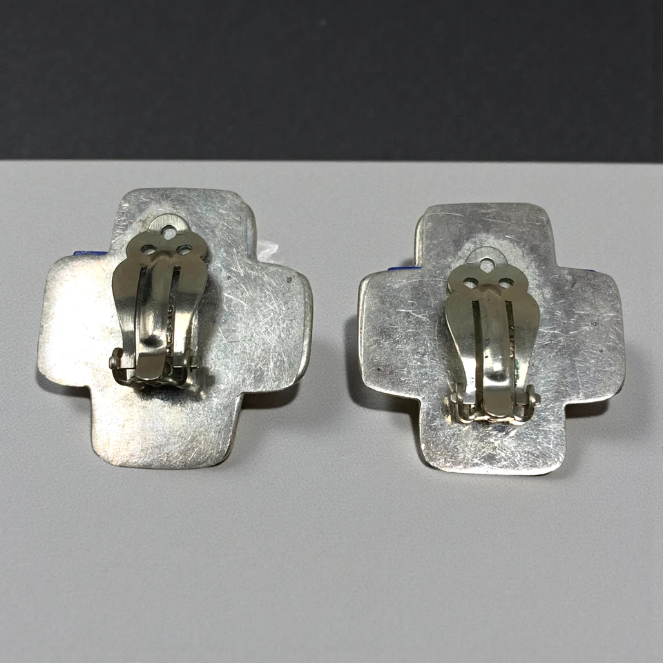 Pendientes Esterlina Vintage Años 80 Cruz Lapislázuli Azul Clip En Suroeste de México Foto 3 de 4