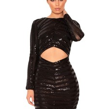 House of CB Mini Dress Black Sequin Long Sleeve Backless Open Front size Small