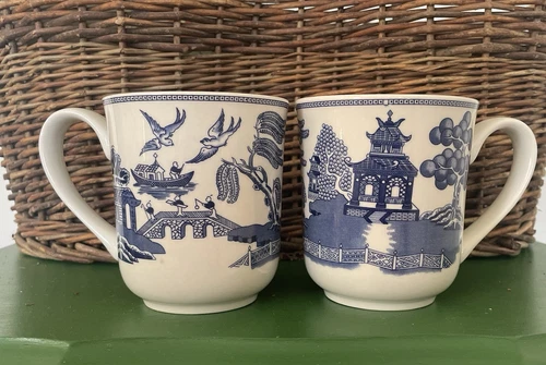 Pair (2) Johnson Bros British 1803 Porcelain Blue Willow Coffee Tea Mug Cup