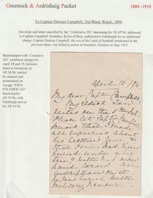 #ad 1894 ENV amp; LETTER 1d LILAC CAPt CAMPBELL REDIRECT NO CHARGE IONA STEAMER =163= GBP 49.99