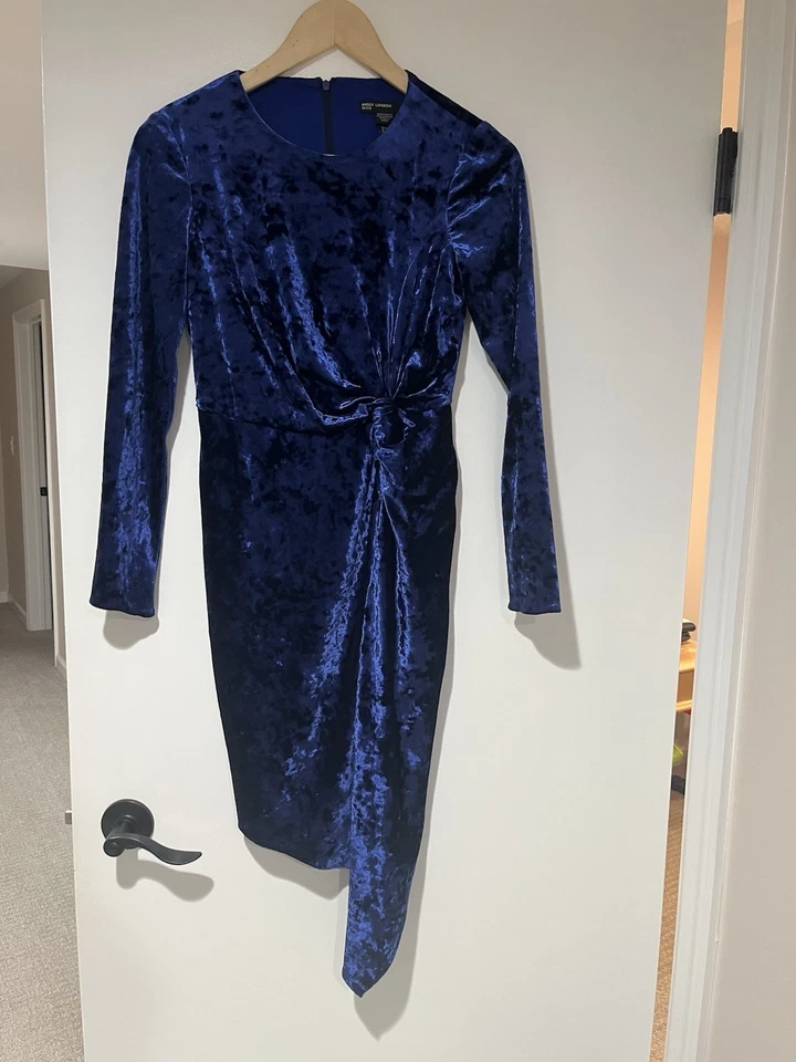 Maggy London Asymmetric Crushed Velvet Party Dress Royal Blue Size 0 Petite - Image 2 of 4