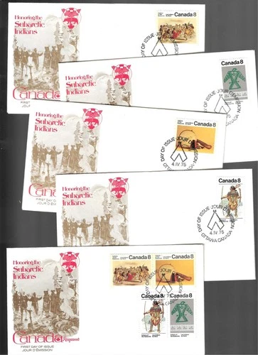 Set of 5 1975 Canada FDC's; Scott 574-77  Subarctic Indians; 4 singles + combo