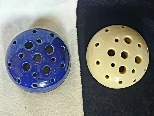 PAIR Garden City Pottery Large Size 5" Flower Frogs Cobalt & HTF White Bauer Era