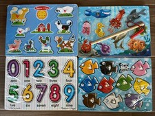 Lot Of 4 Melissa  Doug Wooden Puzzles, Numbers, farm animal, Fish, Fishing Game