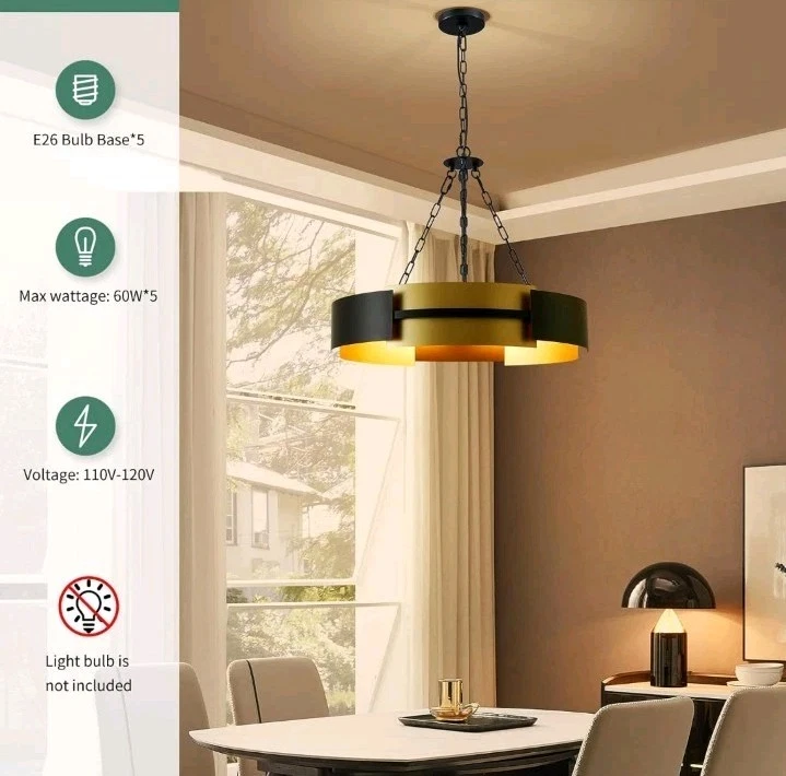 26-Inch Modern Chandelier Industrial Black and Gold Light Fixture Large Drum - Image 2 of 4