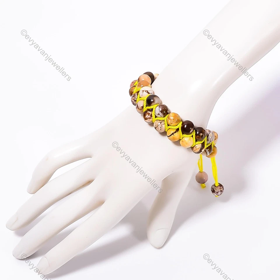 Pulsera ajustable de plata 925 para niñas con cuentas de piedras preciosas de jaspe de madera de cacahuete Foto 4 de 4