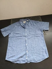 Weatherproof Vintage Linen Blend Shirt Mens Large Blue  Short Sleeve Button Up