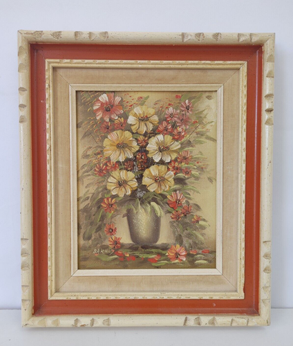 Vintage Mid Century Modern 1960s Floral Bouquet Carved Framed Painting ~ 13 x 15