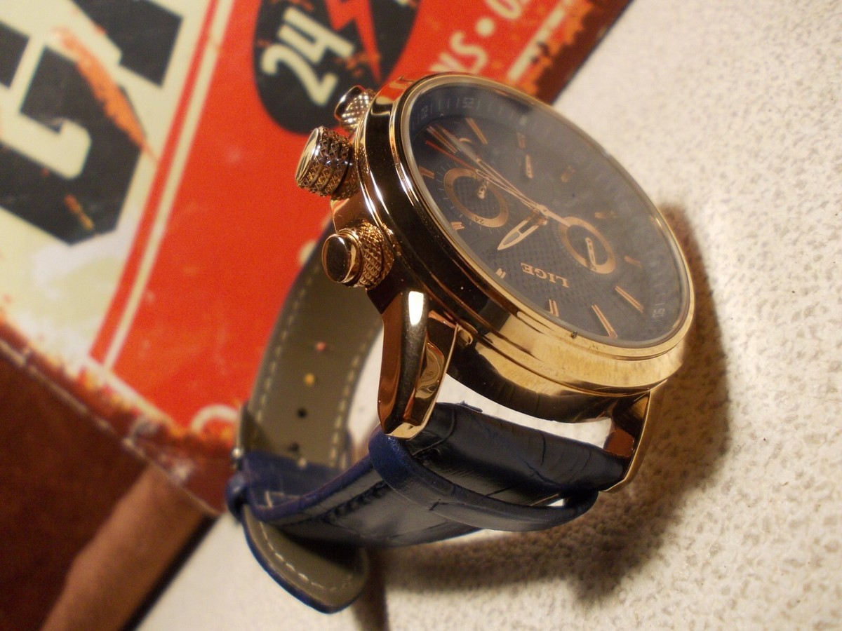 Montre Chronographe LIGE Pour Homme - Cadran Bleu 24h, Bracelet Cuir Bleu, Boîte 44mm