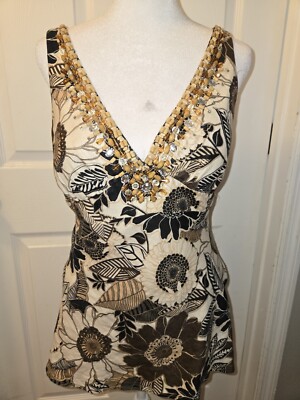 Cache Size 4 Brown Beaded Blouse Linen Sleeveless