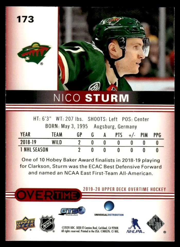2019-20 Upper Deck Overtime Red Nico Sturm 06/99 Minnesota Wild #173 - Image 2 of 2