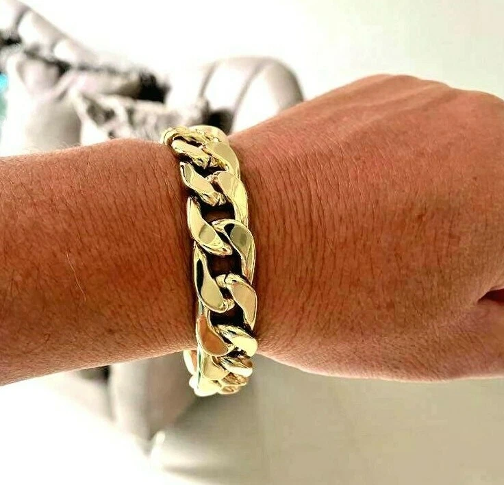 Mens Large 14K Gold GP Cuban Link Thick Bulky Heavy 16mm Jewelry Bracelet 8.5