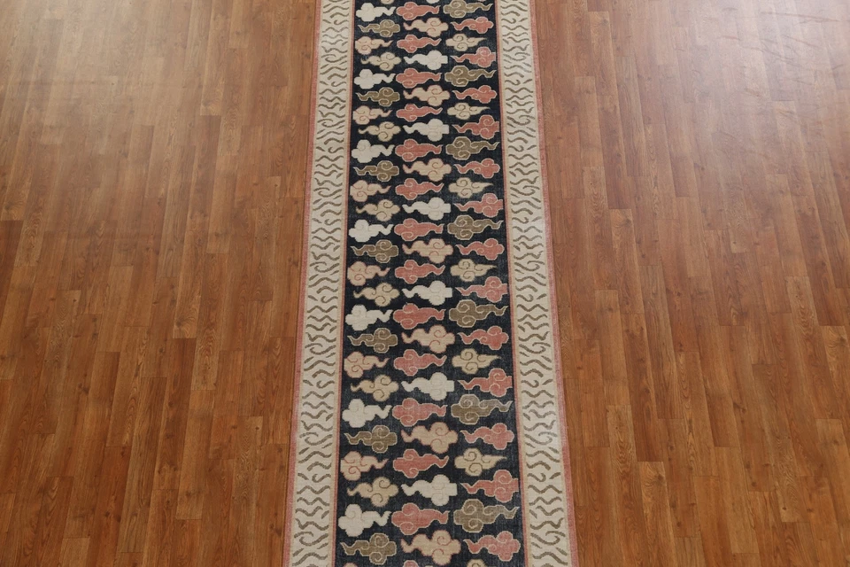 Geometric Art Deco Navy Blue Turkish Runner 3'x12' Rug Hand-knotted Wool Carpet - Image 3 of 4