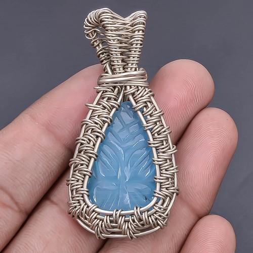 Sky Blue chalcedony carving Silver Wire Wrap Pendant Handcrafted Jewelry