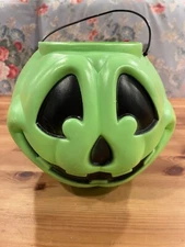 Vintage Halloween Pumpkin Pail Trick or Treat Bucket Jack-o-lantern 8" Green