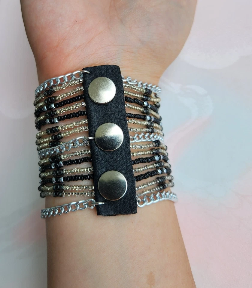 Handmad Rocker Biker Punk Cuff Bracelet "Black Riot" Gothic Chains and Spikes - Image 4 of 4