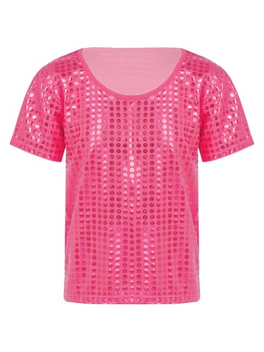 Kids Girls Sparkly Metallic Shiny Dance T-Shirt Boys Short Sleeves Loose T-Shirt - Picture 19 of 66