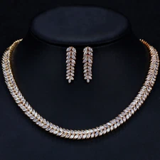 CWWZircons Gold Plated CZ Marquise Leaf Wedding Necklace Earrings Jewelry Set