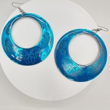 Vintage 90s Teal Blue Enamel Hoop Earrings Silver Tone Large Boho Scroll Etched
