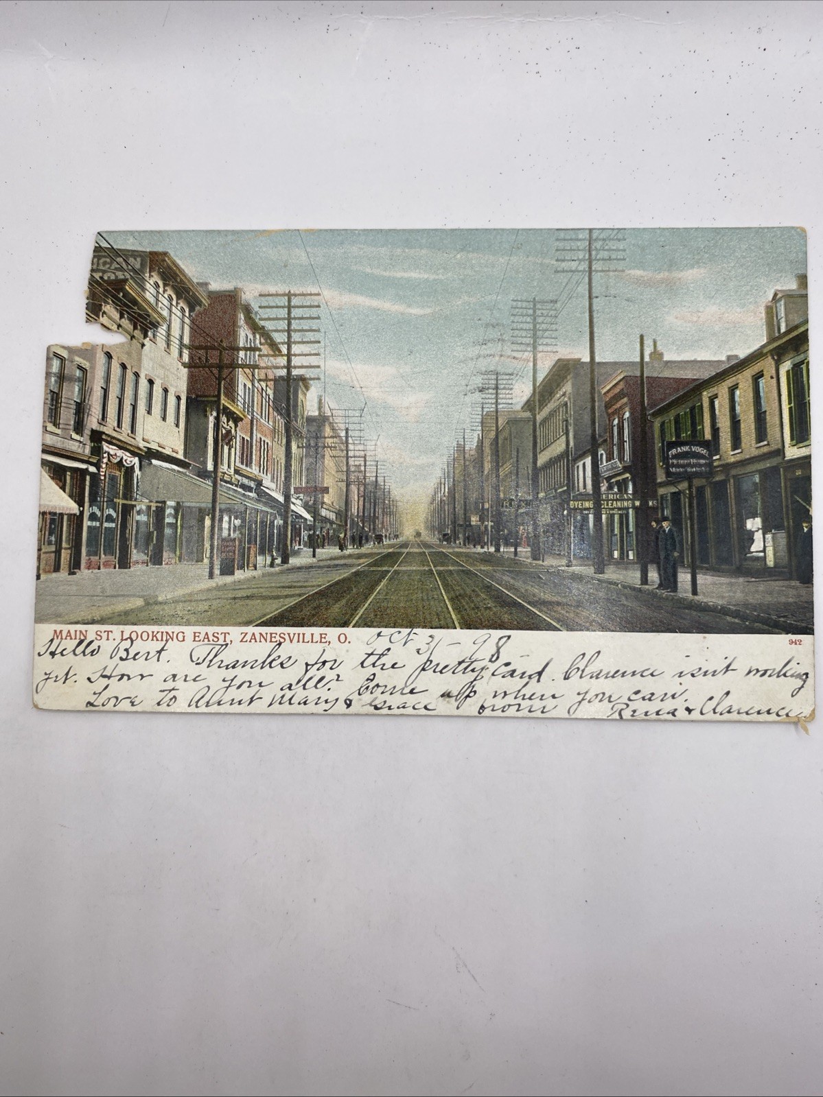 Post Card 1908 Main Street Looking East Zanesville Ohio Damaged Corner No Stamp