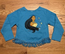 Vintage Disney Pocahontas Fringe Beaded Long Sleeve Shirt Girl Size 7 Teal