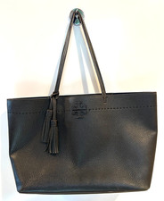 Tory Burch Black Pebbled Leather McGraw Double T Logo Tassel Tote Purse