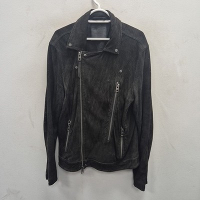 Allsaints Geo Biker Mesh schwarz Leder Bomber Cafe Racer Fahrer Punk Jacke Large