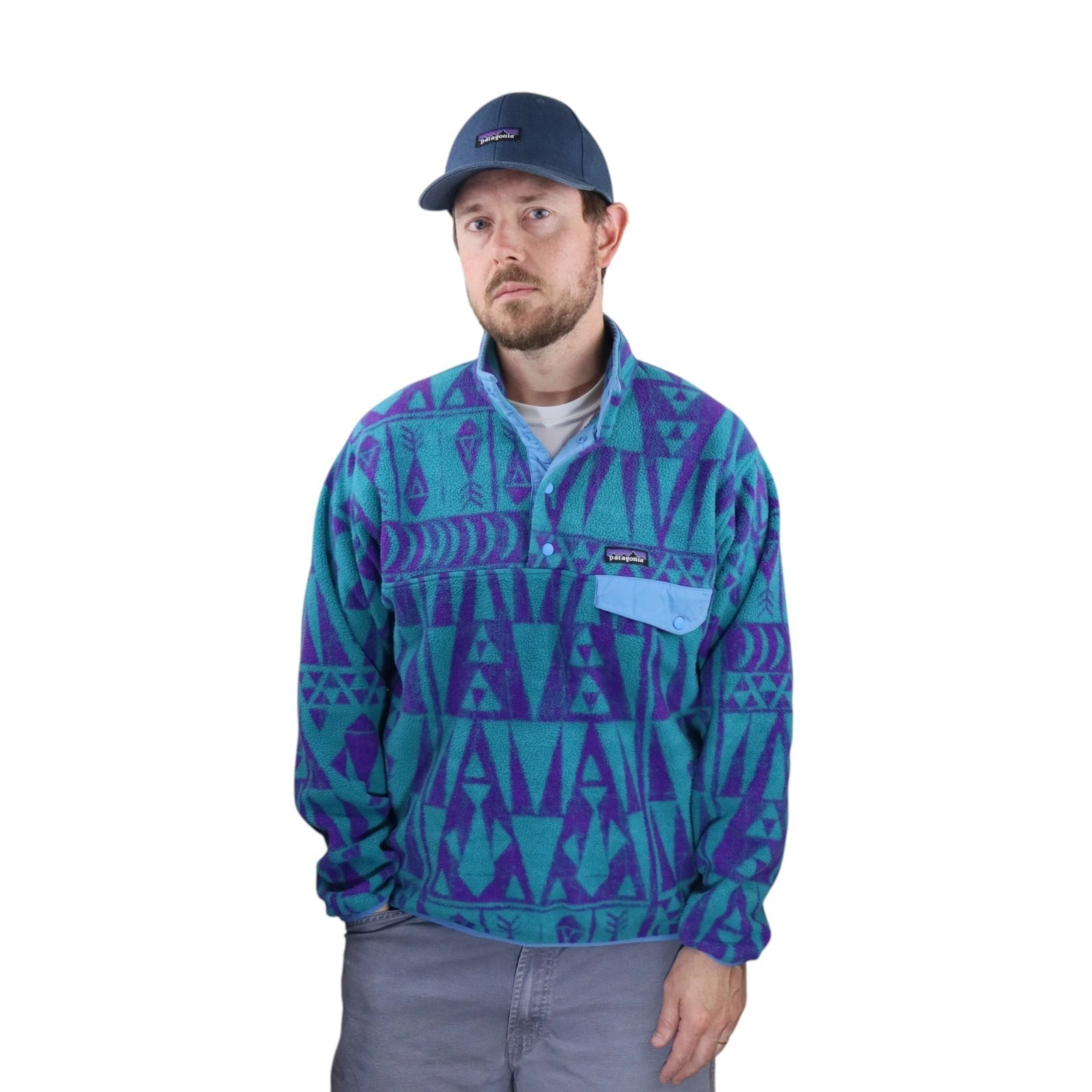 Patagonia Aztec Synchilla Snap-T Fleece Pullover Mens M Blue Tribal Geo Jacket
