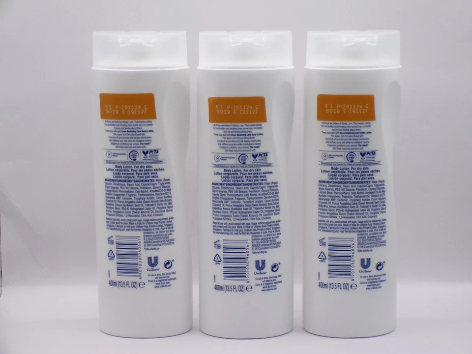 DOVE BODY LOTION RESTORING CARE, COCONUT WITH ALMOND MILK,  400 ML, PACK OF 3 - Image 2 of 4