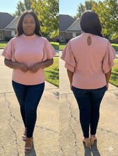I R Mauve Pink Mock Neck Top 1X Ruffle Tiered Short Sleeve Made in USA Knit