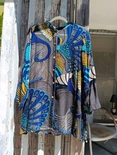 Citron Santa Monica BLACK Velvet Burnout Peacock Button Tunic Top Size 0X Artsy