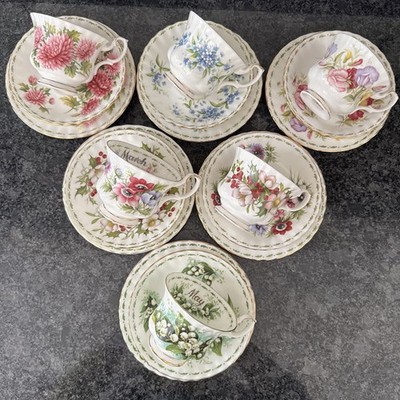 Royal Albert Flower Of The Month Trio X 6 sehr guter Zustand Tassen, Untertassen & Teeteller 