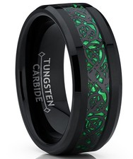 Men's Black Tungsten Carbide Dragon Ring Wedding Band Green Carbon Fiber