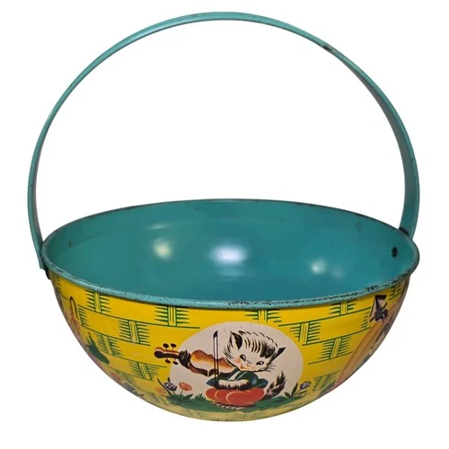 Vintage J Chein 1940s Easter Basket Tin Litho Nursery Rhyme Teal Yellow Cat