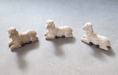 Three Small Laying Sheep Lamb Nativity Figurines 2.5 in by 1.75 in Unmarked