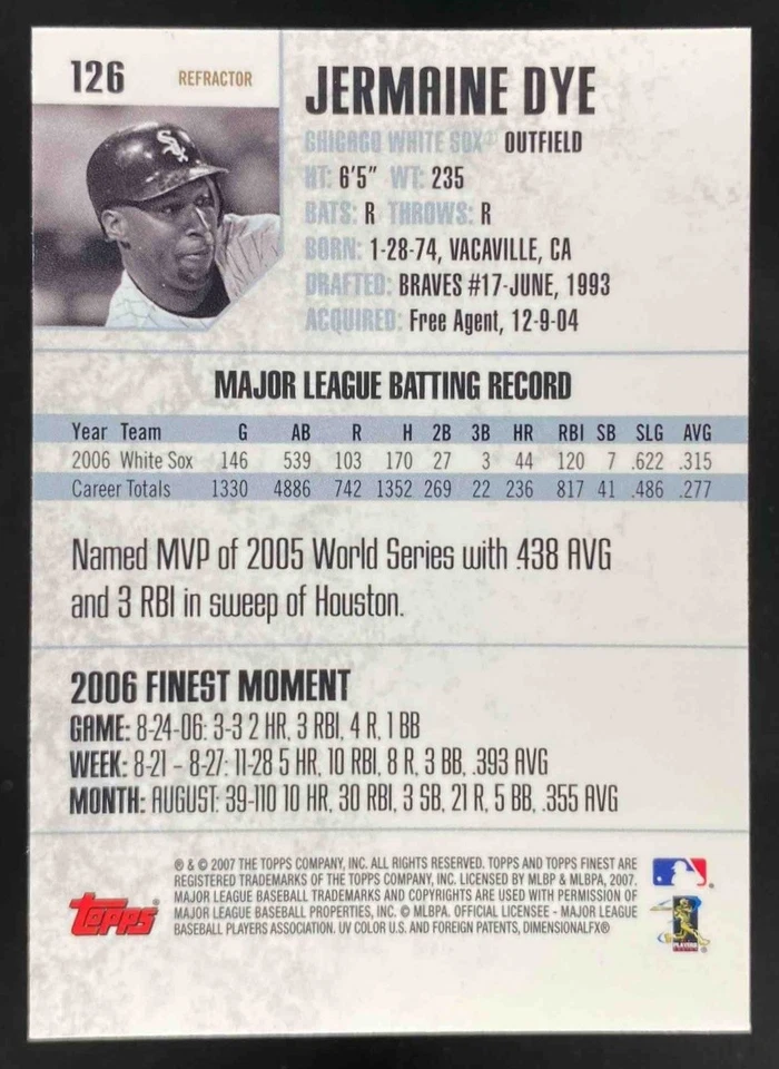 Jermaine Dye 2007 Topps Finest Refractor #126 White Sox - Image 2 of 4