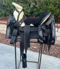 15" BLACK CHARRO SADDLE, MONTURA CHARRA PARA CABALLO, Horse Gear Tack, Charreria