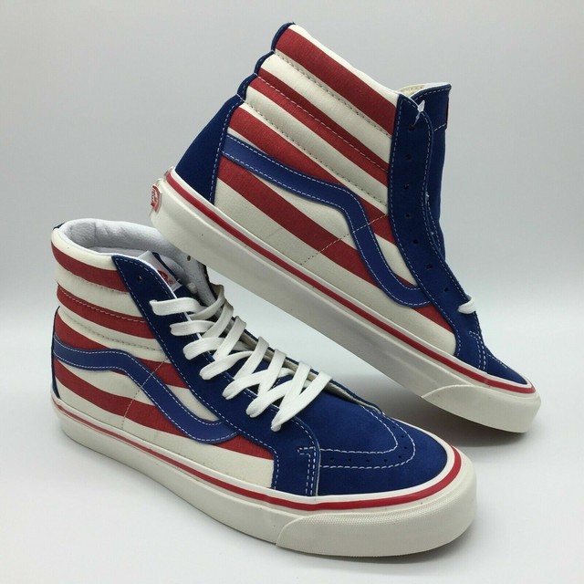 white vans with red and blue stripe