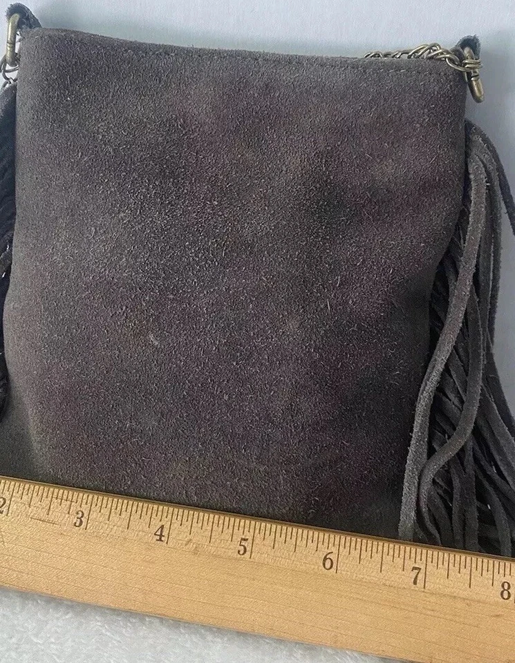 Bolsa de ombro vintage de couro camurça franja alça corrente pequena boho hippie - Imagem 4 de 4