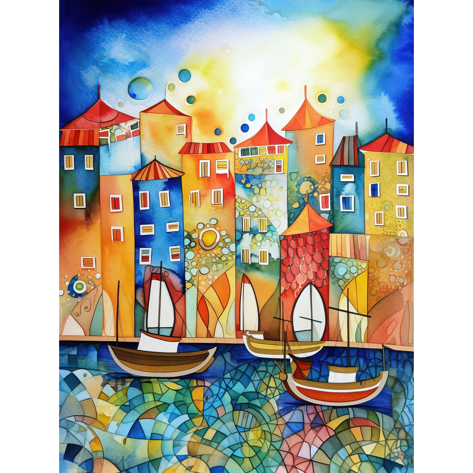 Abstract Sailing Seafront Modern Folk Art Huge Wall Art Poster Print Giant