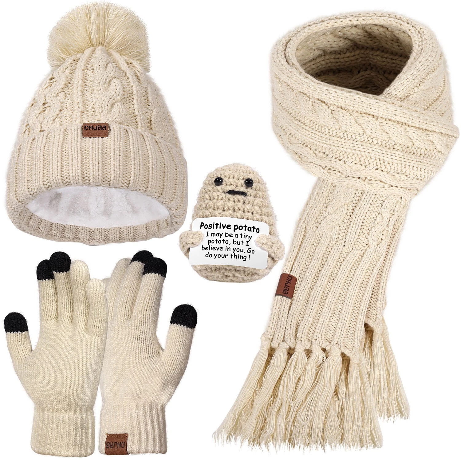 Women Girl Beanie Scarf Hat Touchscreen Gloves Set Keep Warm Winter Knitted Gift