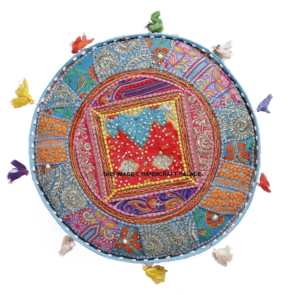 Indian Vintage Patchwork Pouf Ottoman Round Ottoman Cover Footstool Ethnic 18" - Image 3 of 3