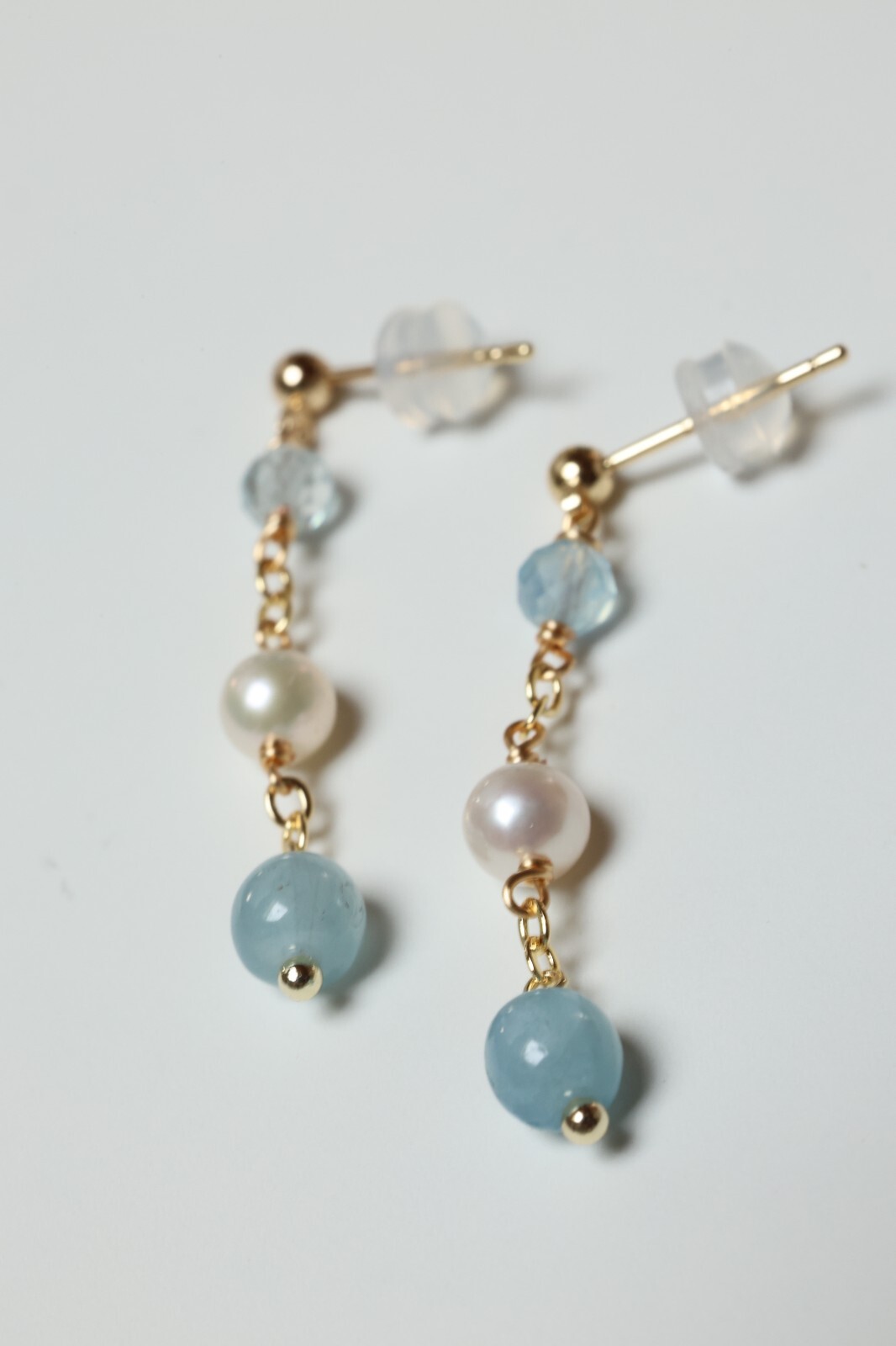 Boucles d'oreilles aigue-marine en argent plaqué or et perle de culture 1845