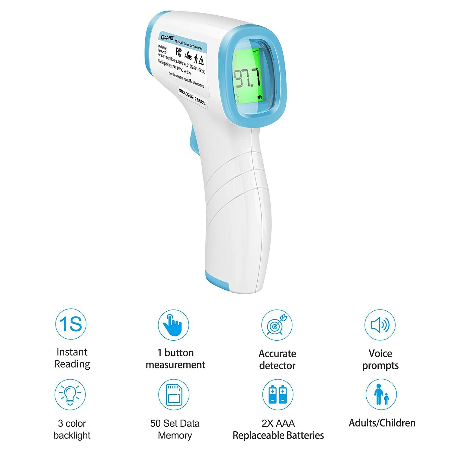 Non-Contact Infrared Forehead Thermometer Reads °F and °C with Fever Alert Funct
