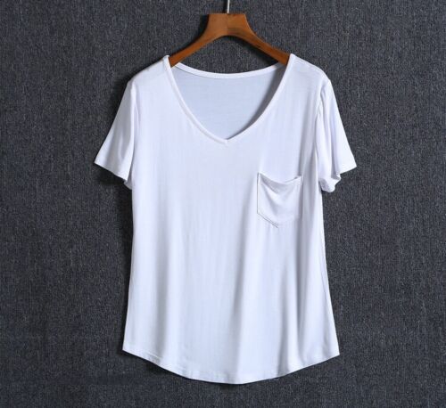 Womens Summer Loose Solid Color Blouse Tops Fashion V Neck Short Sleeve T-Shirt - Picture 34 of 41