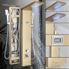 Brushed Gold LED Shower Panel Tower System Rain Waterfall Head Massage Jet Mixer