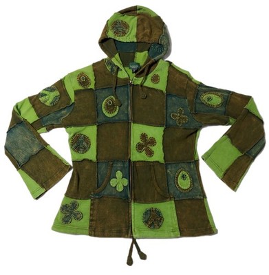 Kathmandu Imports Hoodie Jacket Womens XL Green Patchwork Nepal Boho